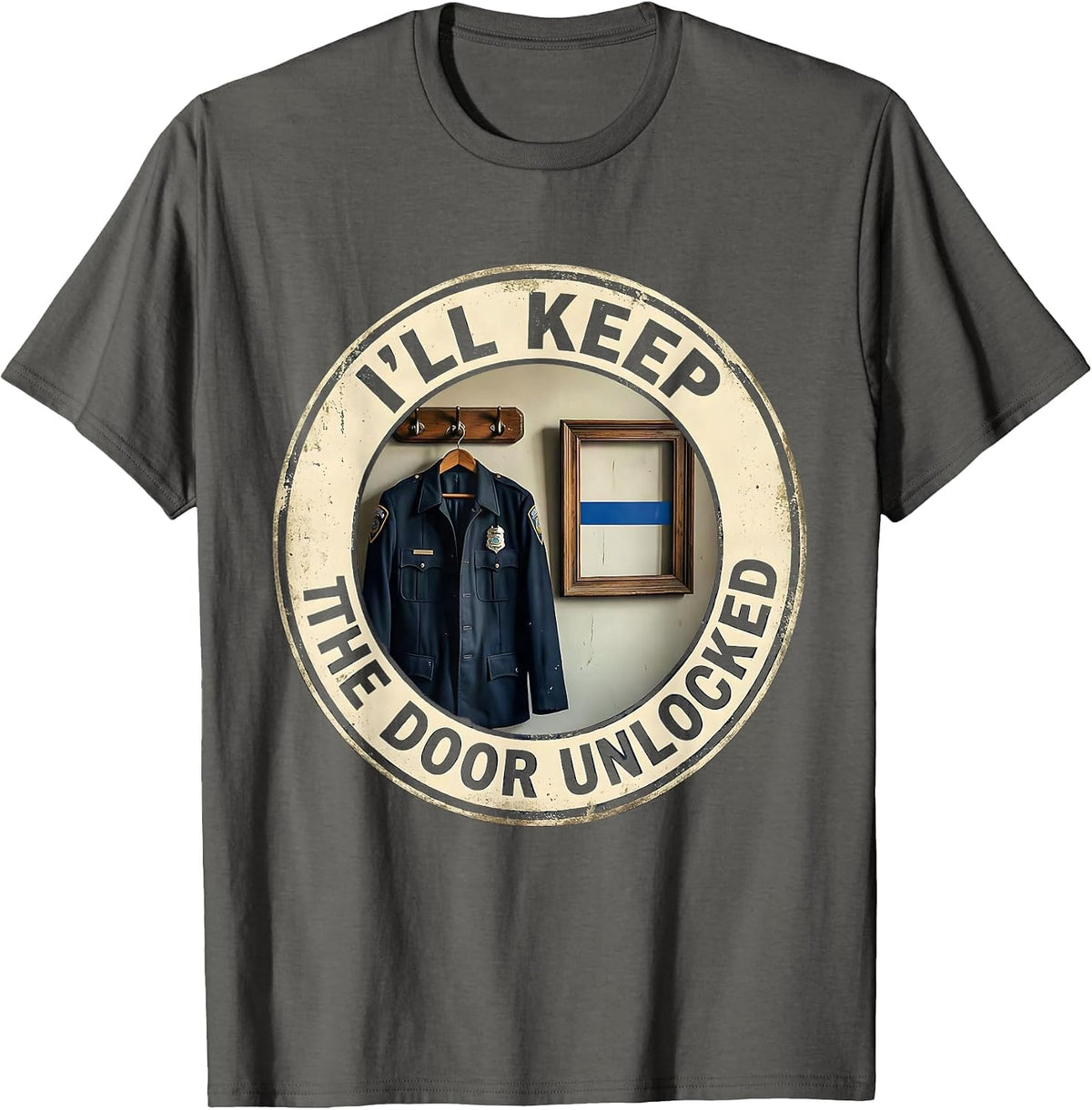 I'll Keep the Door Unlocked Vintage Thin Blue Line Police T-Shirt - Asphalt Grey