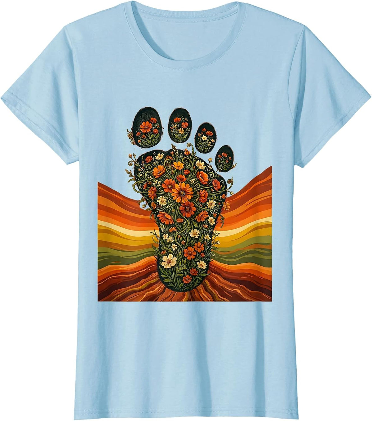 Women's Dino Footprint Blooming Flowers Dinosaur Design T-Shirt - Baby Blue