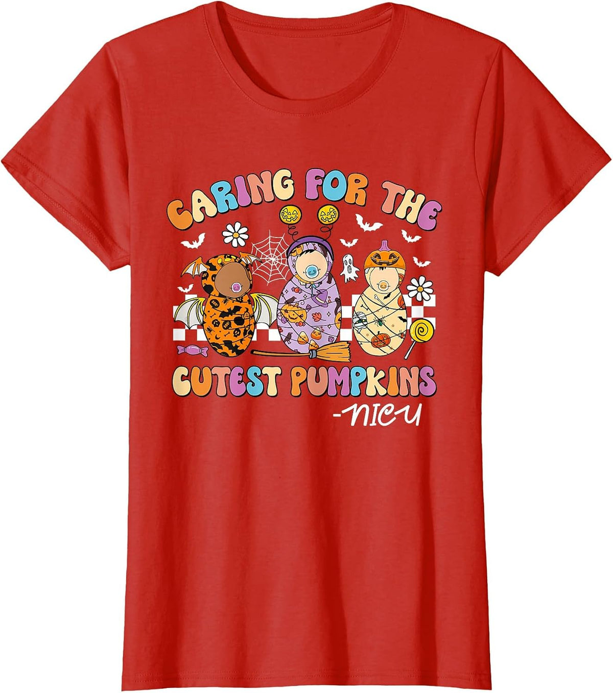Retro Caring for The Cutest Pumpkins NiCU Nurse Halloween T-Shirt - Red