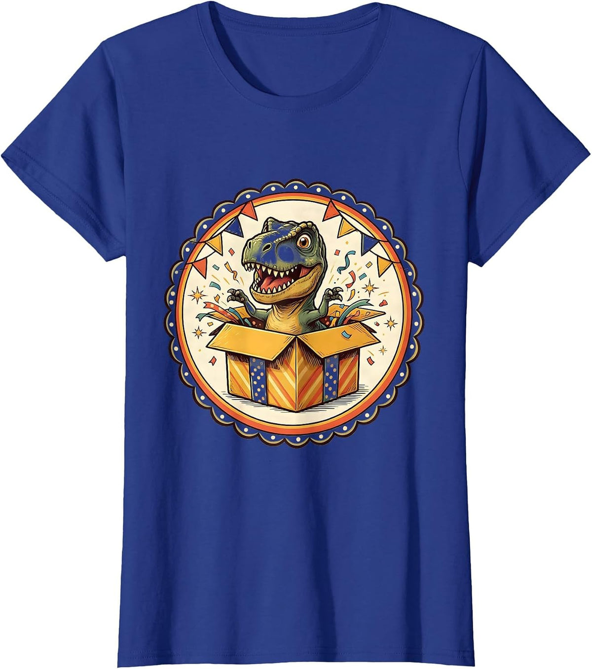 Women's Dinosaur Peeking Out of Gift Box Birthday Design T-Shirt - Royal Blue