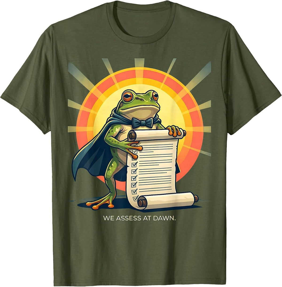 Men's We Assess At Dawn Funny Frog Teacher Reader Back to School T-Shirt - Olive Green