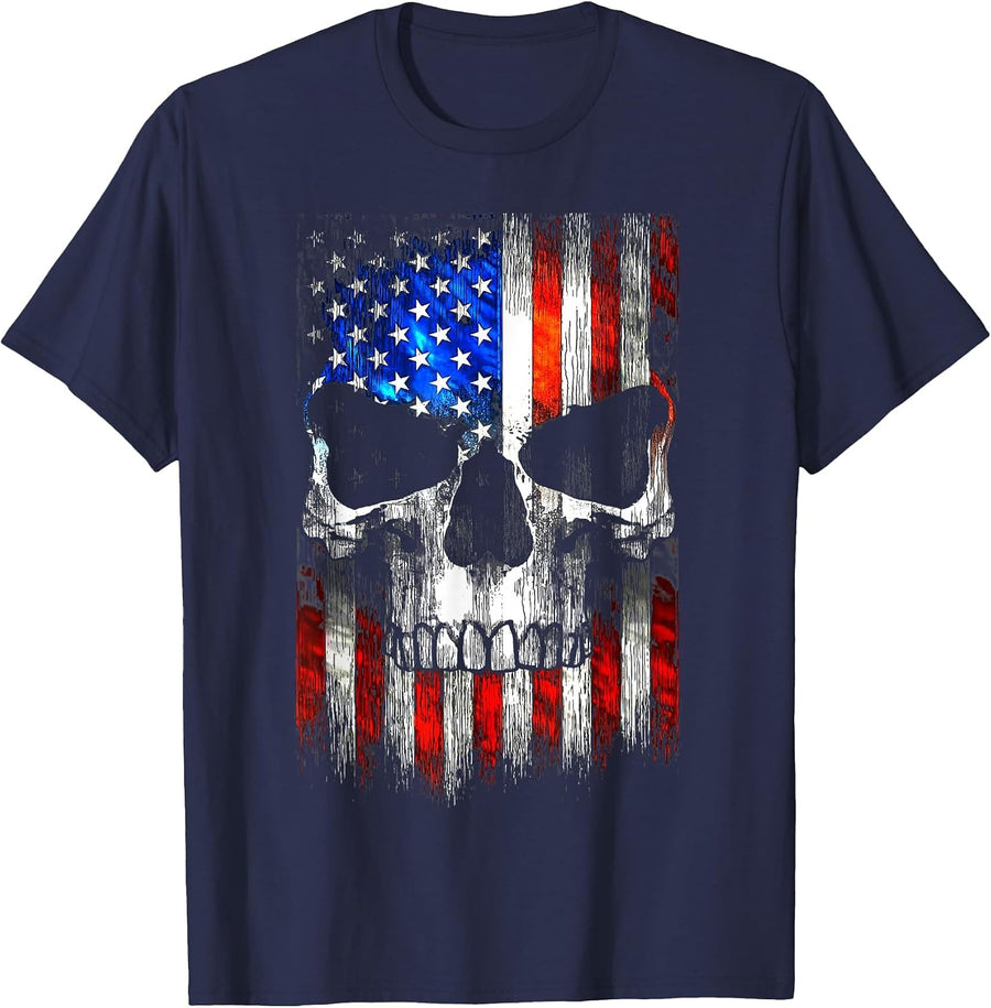 4th of July Shirt for Women Men American Flag Skull Skeleton T-Shirt - Navy Blue