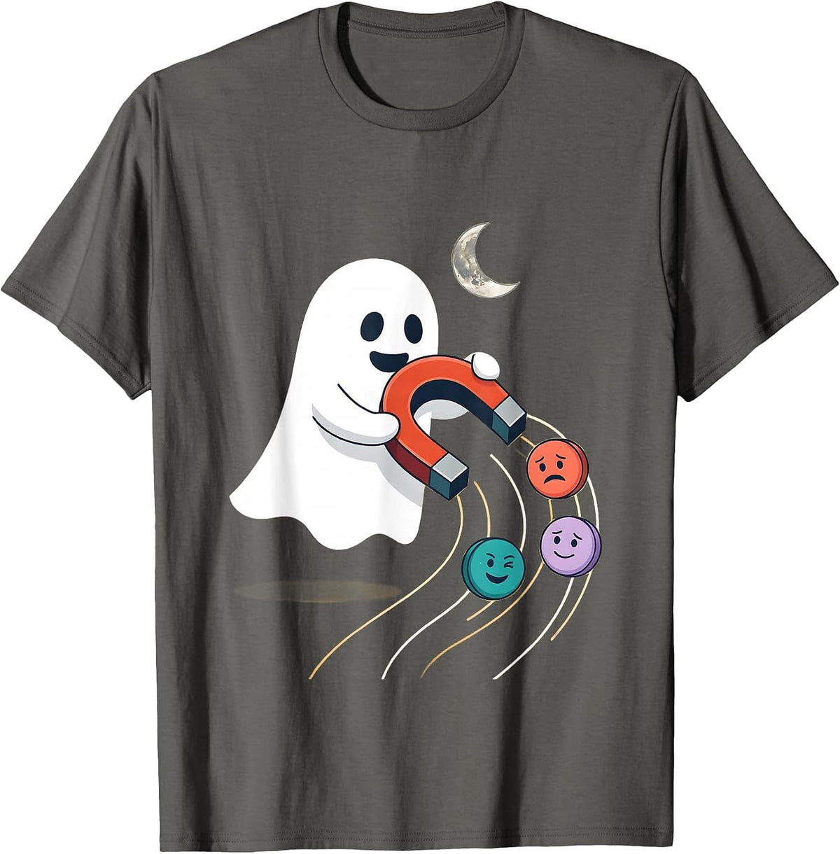 Men's Friendly Ghost Horseshoe Magnet Halloween School Counselor T-Shirt - Asphalt Grey