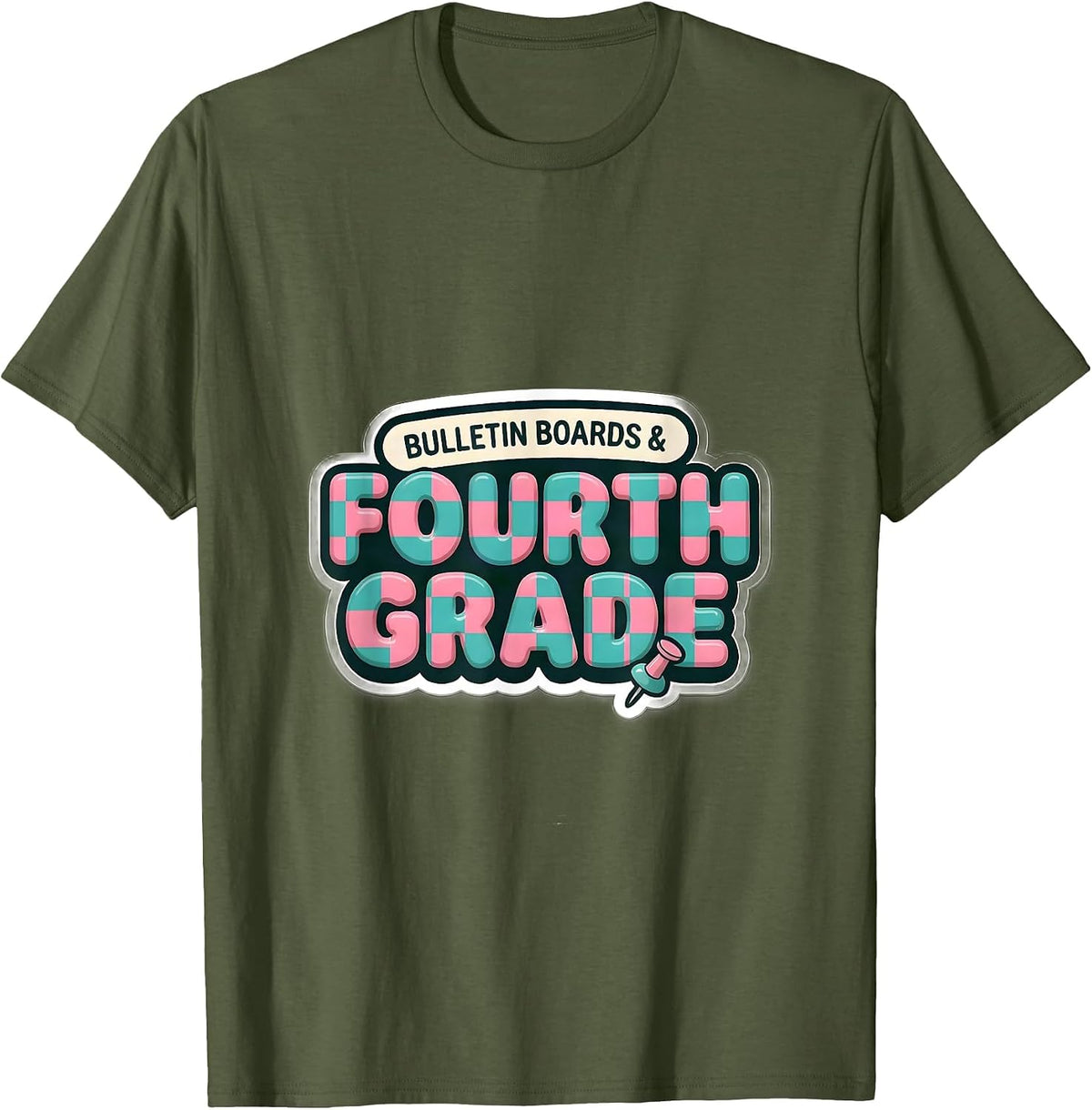 Bulletin Boards & Fourth Grade Retro Checkered Girl Teacher T-Shirt - Olive Green