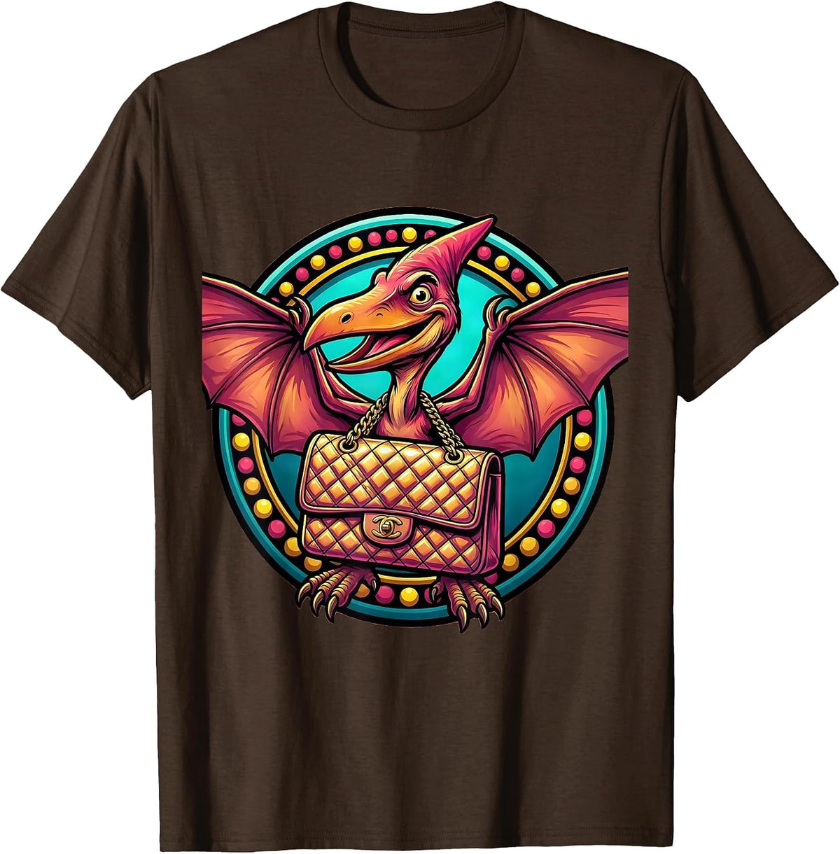 Pterodactyl Handbag Dinosaur Illustration T-Shirt - Brown
