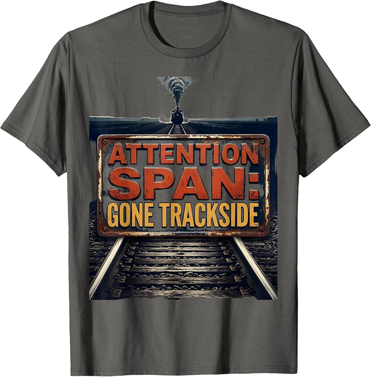 Attention Span: Gone Trackside Vintage Steam Train T-Shirt - Asphalt Grey