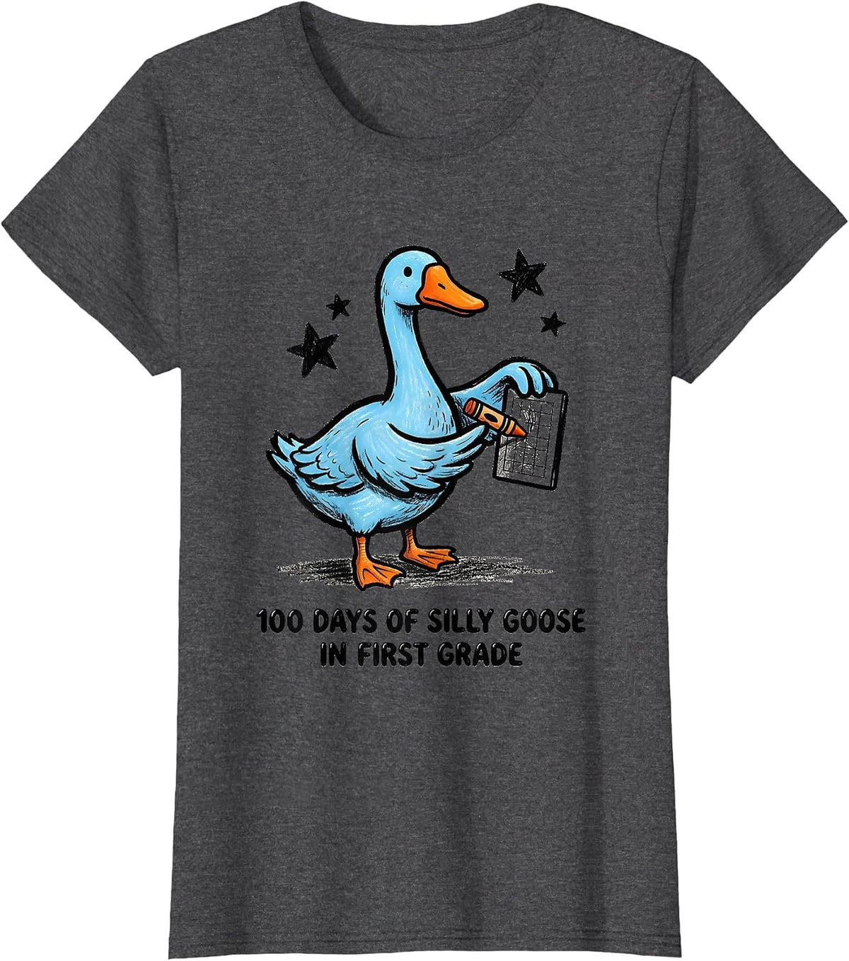 Women's 100 Days of Silly Goose in First Grade Funny Teacher Humor T-Shirt - Dark Heather Grey