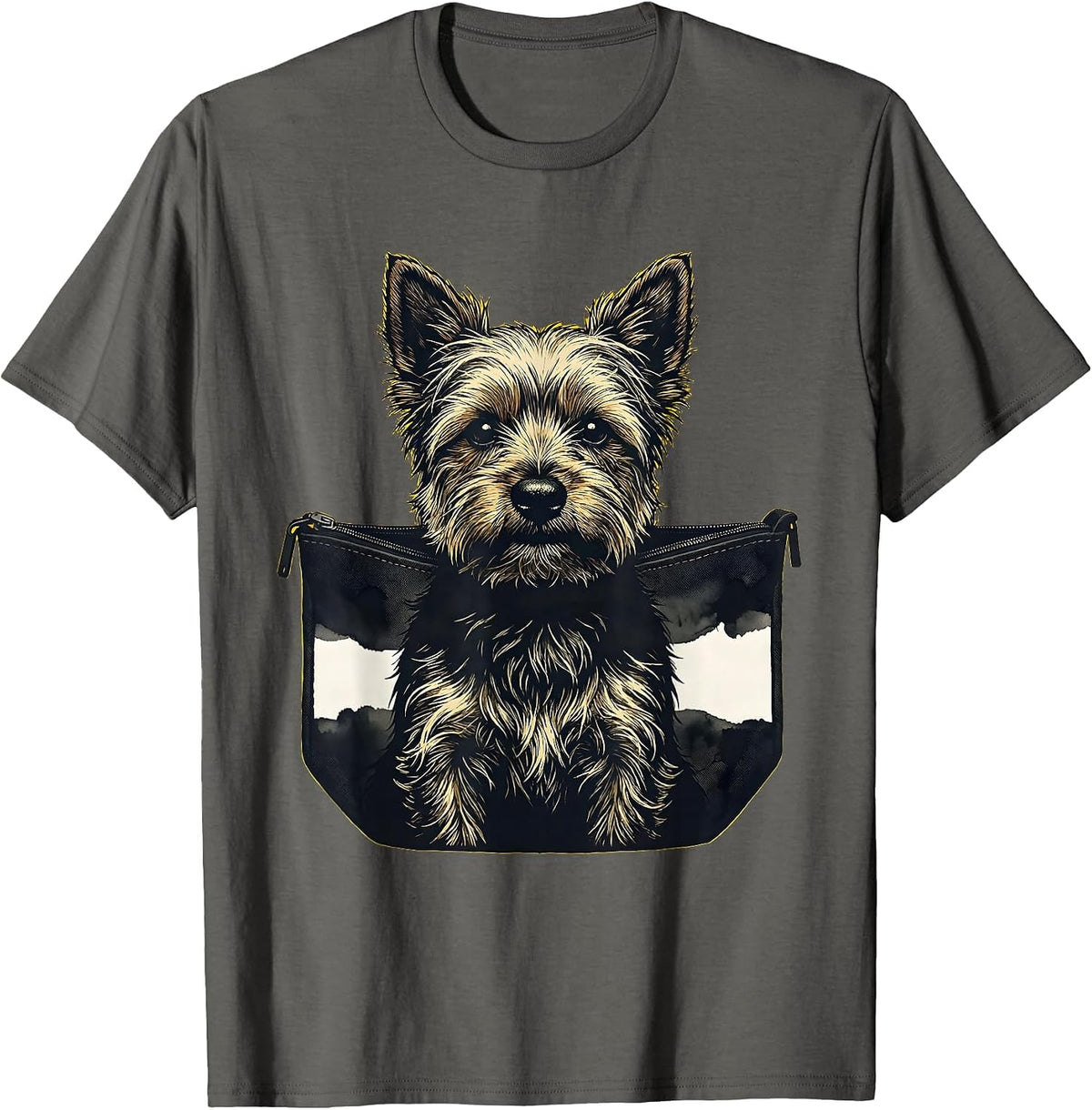Peeking Puppy Pocket Yorkshire Terrier Stencil Graphic T-Shirt - Asphalt Grey