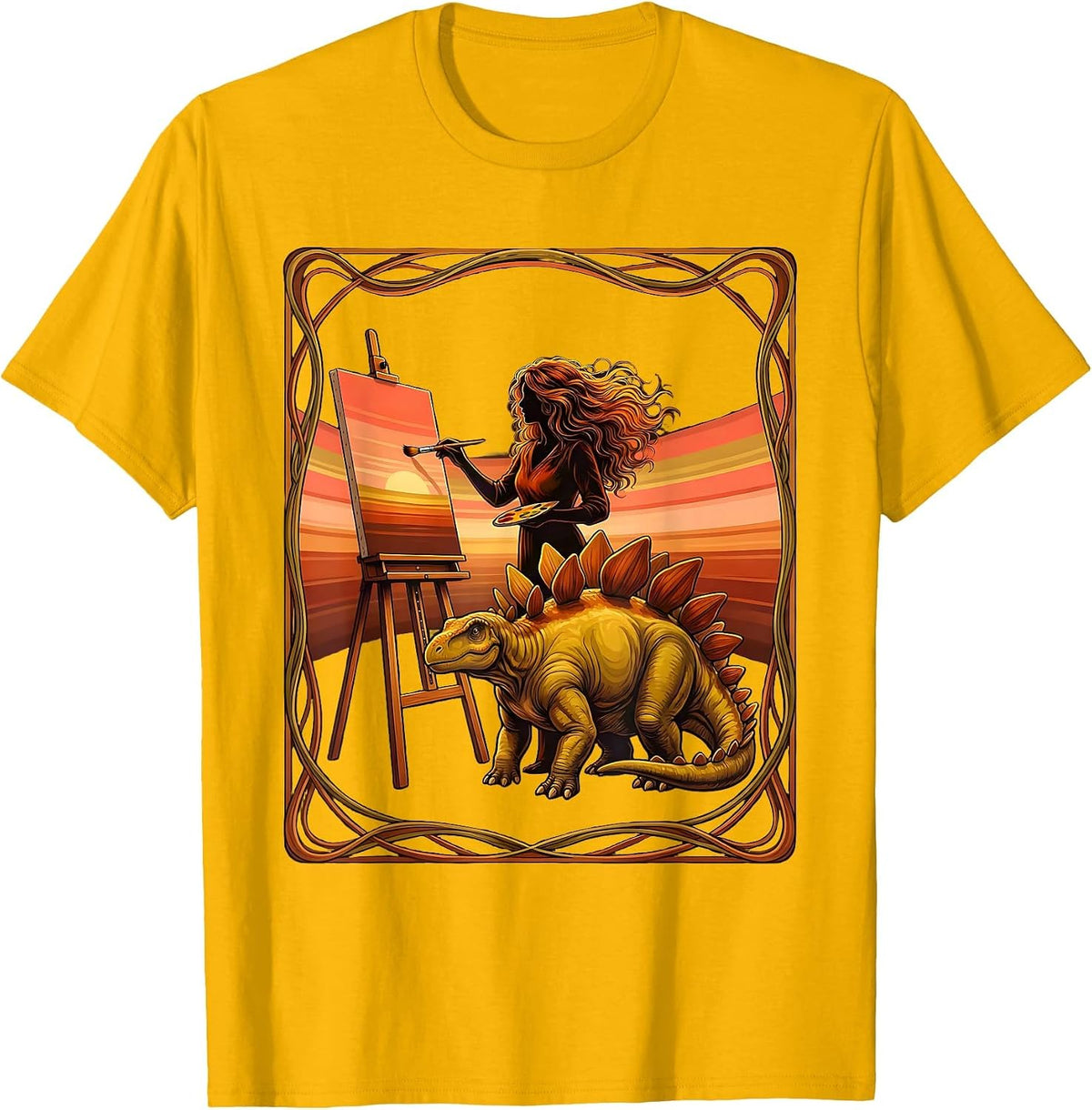Artist Painting Stegosaurus Portrait Dinosaur Tee T-Shirt - Golden Yellow