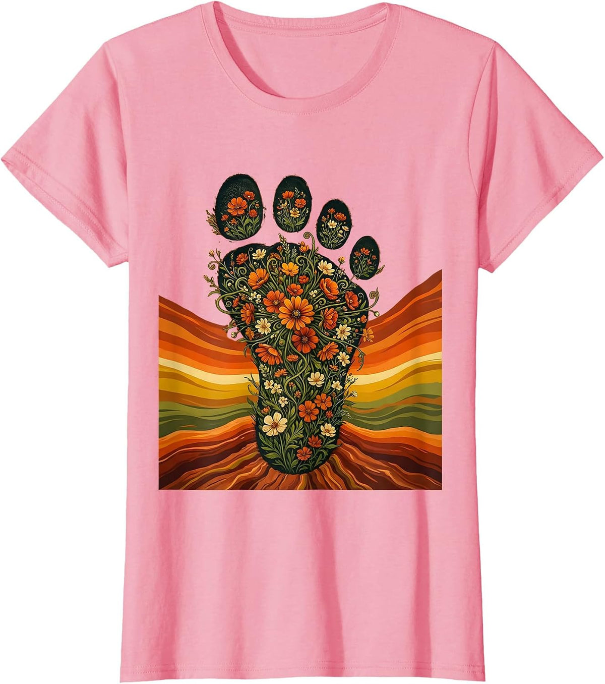 Women's Dino Footprint Blooming Flowers Dinosaur Design T-Shirt - Pink