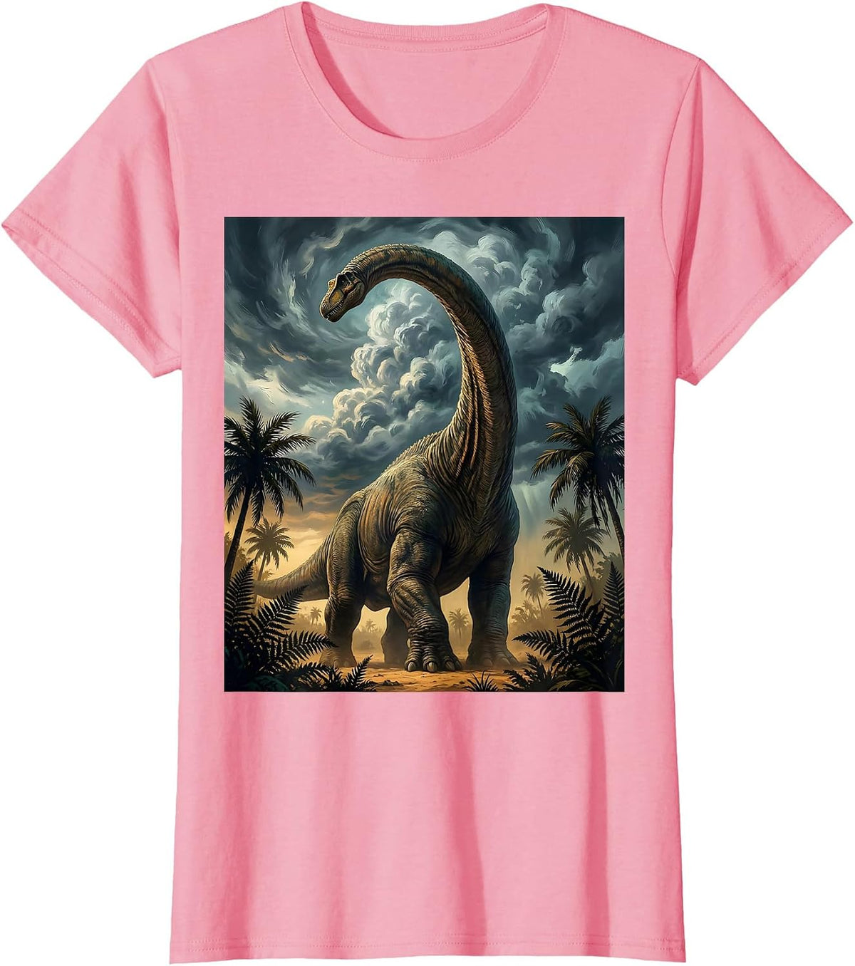 Women's Brachiosaurus Storm Clouds Dinosaur Illustration T-Shirt - Pink