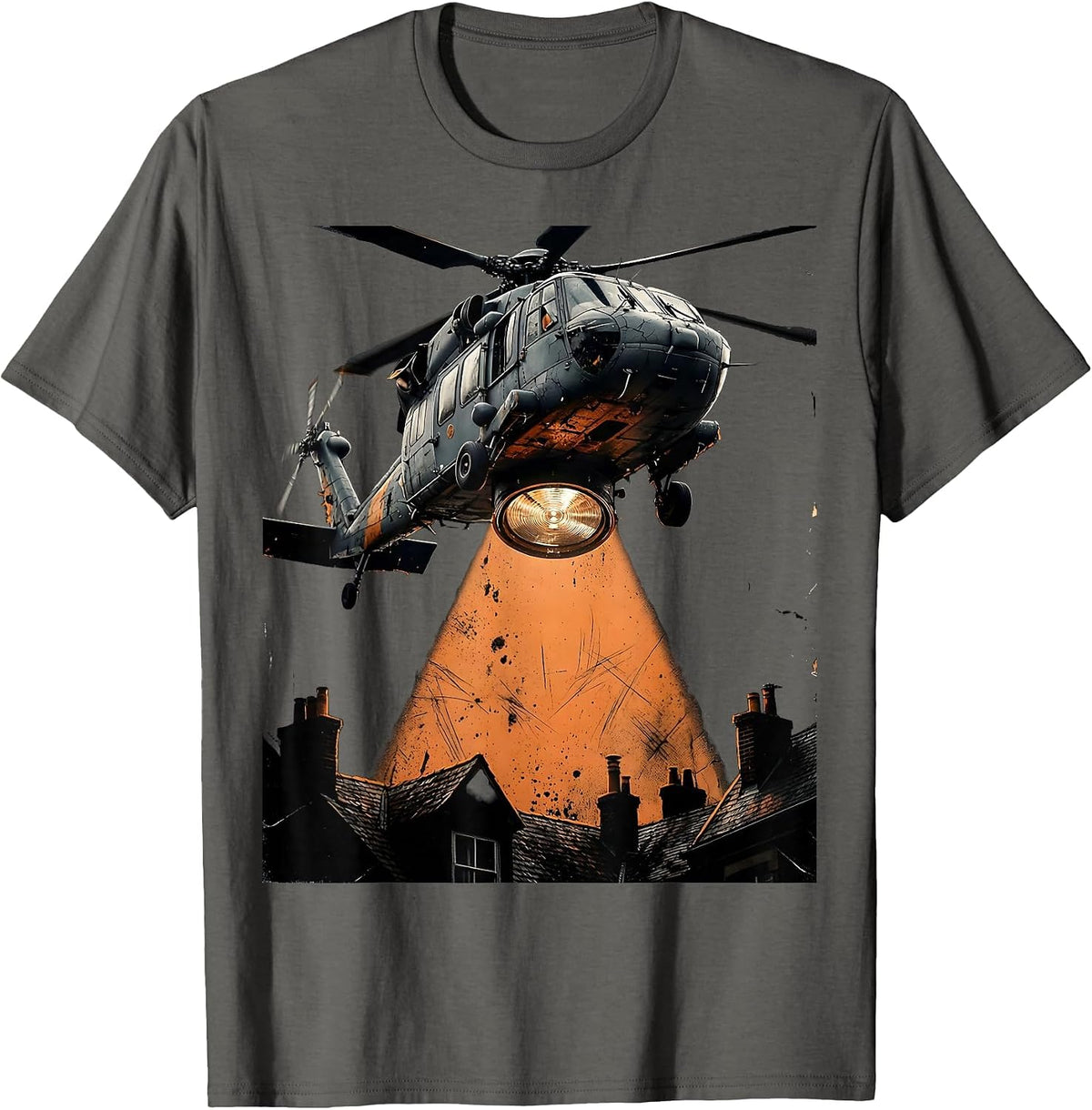 Men's Police Helicopter Searchlight Over Dark Rooftops T-Shirt - Asphalt Grey