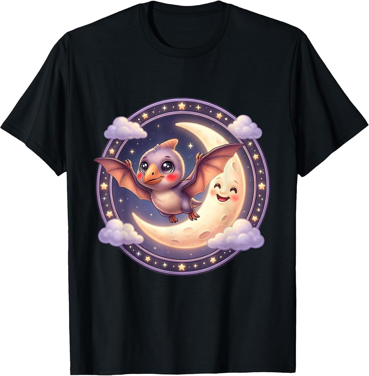 Men's Pterodactyl Soaring Over Crescent Moon Dinosaur T-Shirt - Black