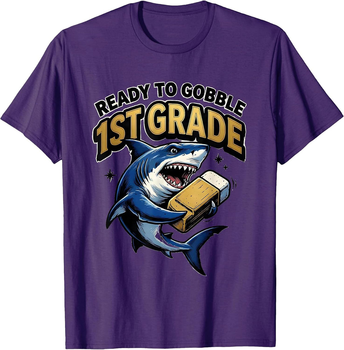 Ready To Gobble 1st Grade Funny Shark Back To School Kids T-Shirt - Purple