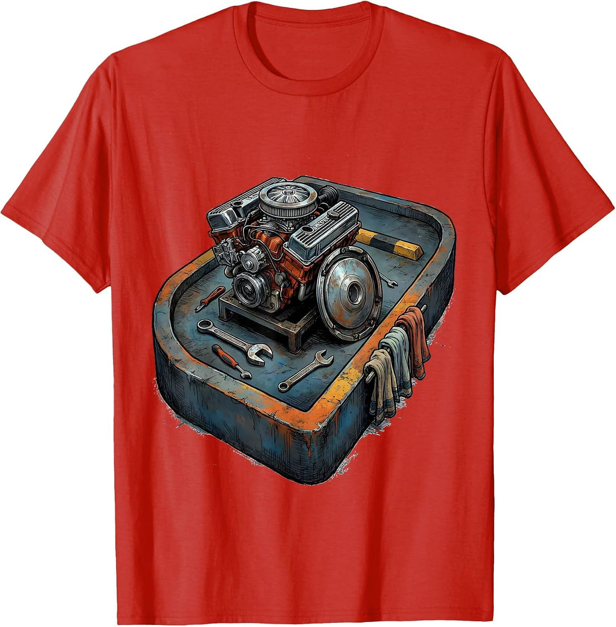 Men's V8 Engine Block Garage Floor Marker Funny Car Guy Mechanic T-Shirt - Red