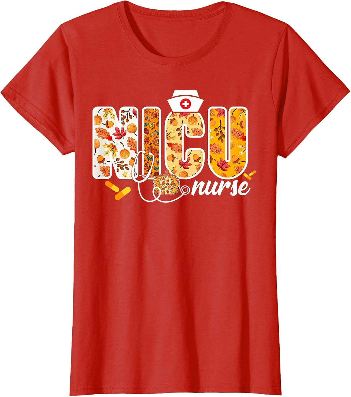 NICU Nurse Fall Autumn Leaves Thanksgiving Healthcare Worker T-Shirt - Red