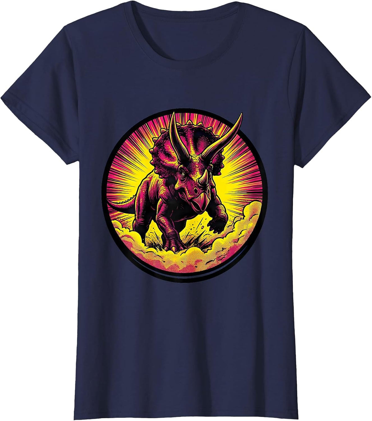 Women's Triceratops Charging Dinosaur Dust Cloud Illustration T-Shirt - Navy Blue
