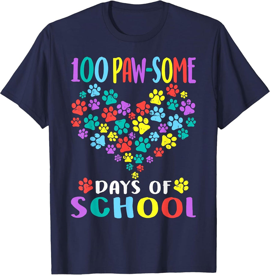100 Paw-Some Days of School Dog Cat 100th Day School T-Shirt - Navy Blue