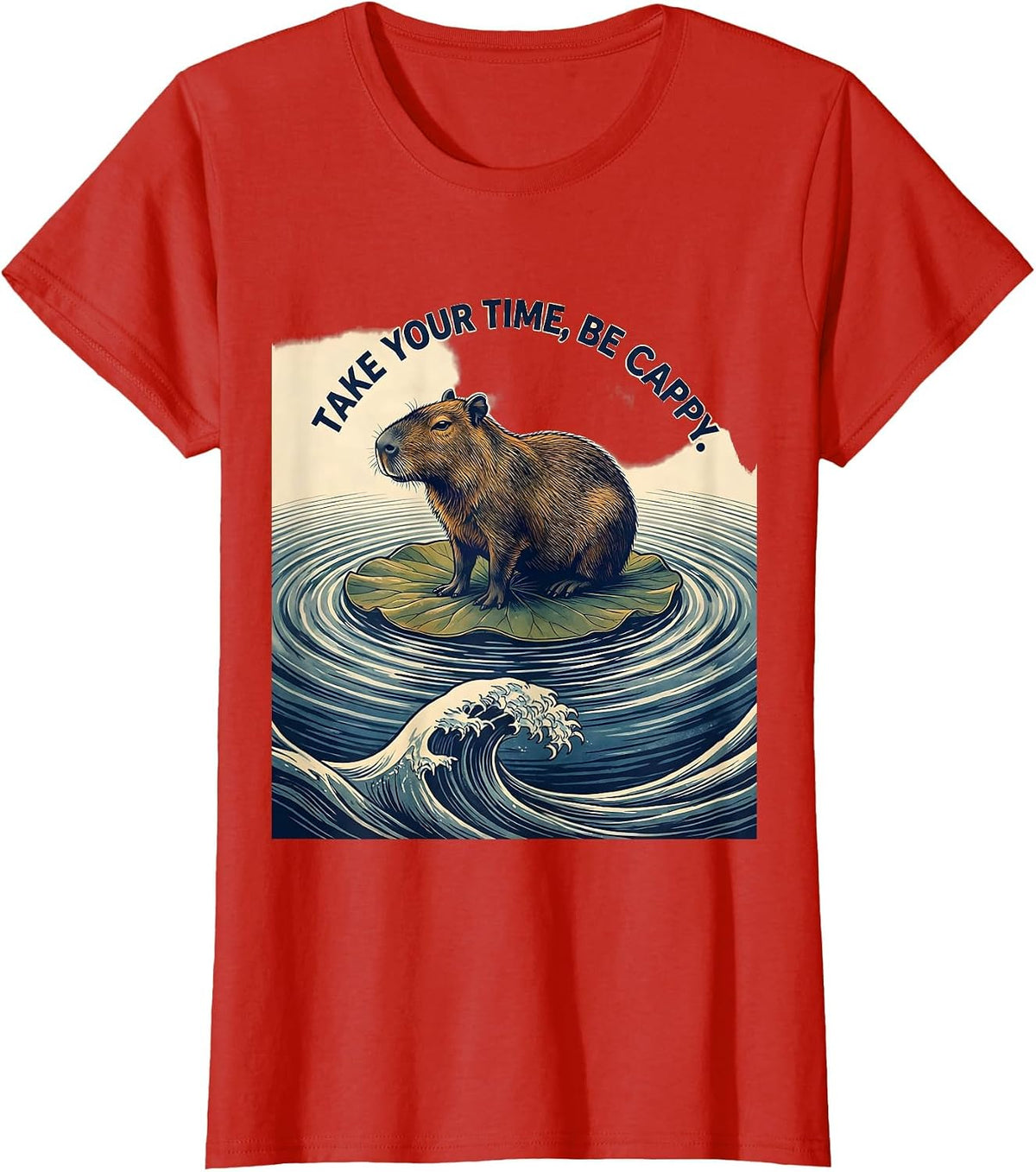Take Your Time, Be Cappy Funny Capybara Animal Humor Ukiyo-e T-Shirt - Red