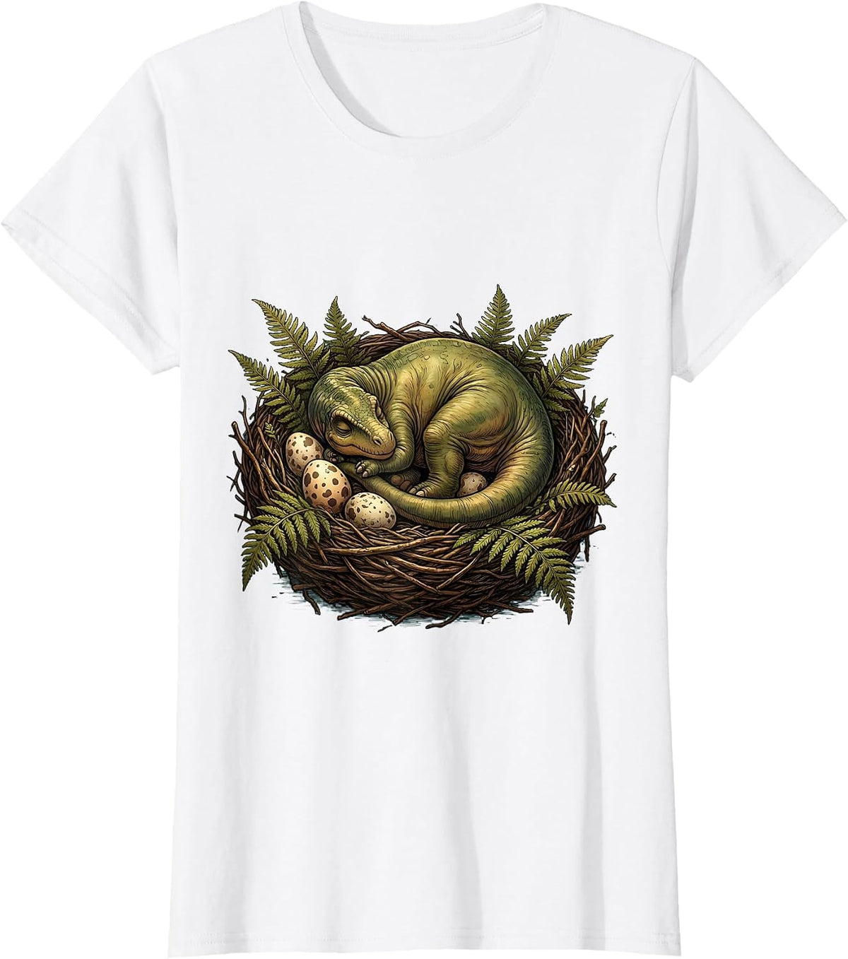 Baby Diplodocus Sleeping in Nest Dinosaur Graphic T-Shirt - White