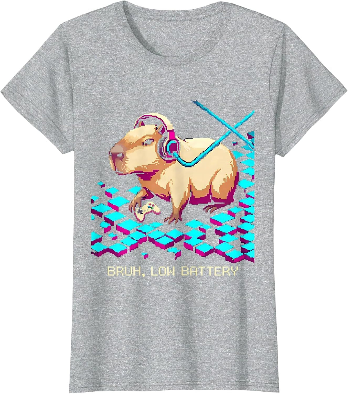 Bruh Low Battery Pixel Art Capybara Gamer Meme Humor T-Shirt - Heather Grey
