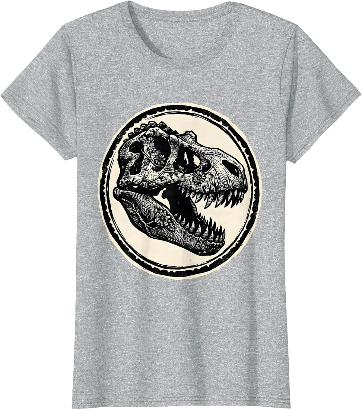 T-Rex Skull Floral Vine Dinosaur Graphic T-Shirt - Heather Grey