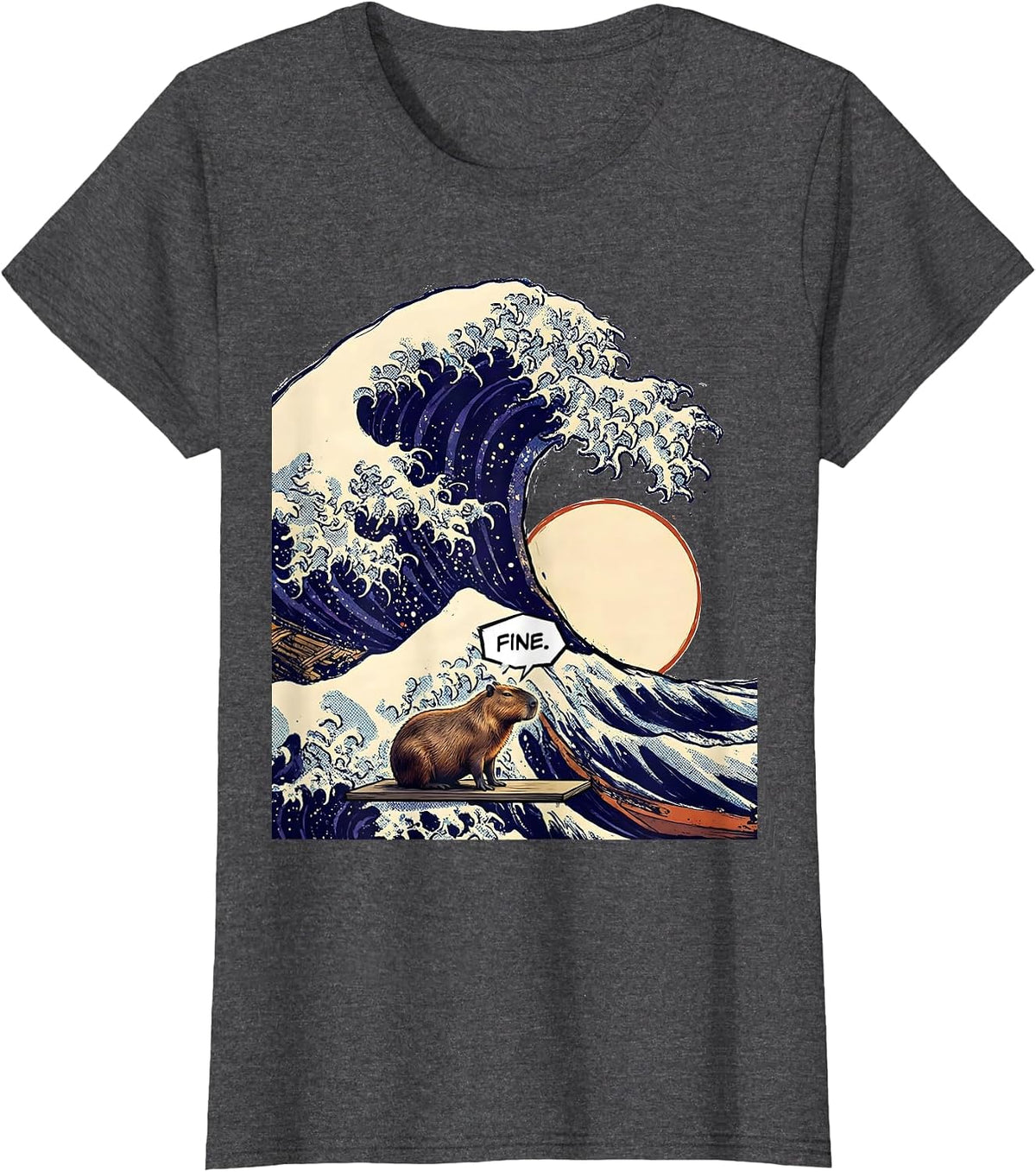 Women's Fine Comic Book Capybara Surfing Great Wave Animal Lover T-Shirt - Dark Heather Grey