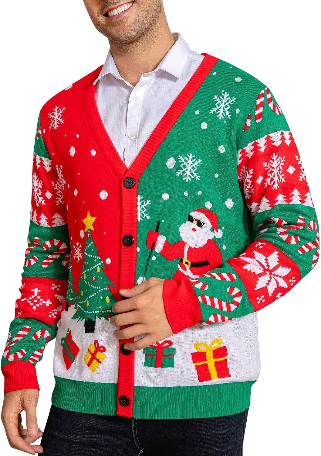 Men's Christmas Cardigan Sweater V Neck Buttons Knitted Cardigans - Christmas 02