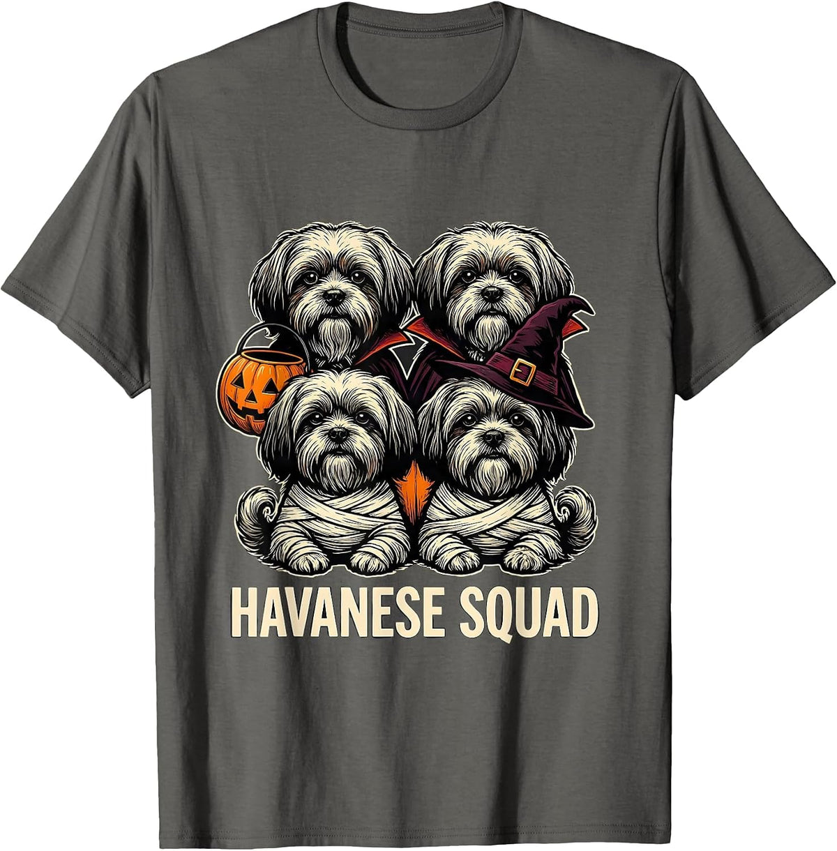 Havanese Squad Linocut Halloween Dog Owner Costume Party T-Shirt - Asphalt Grey