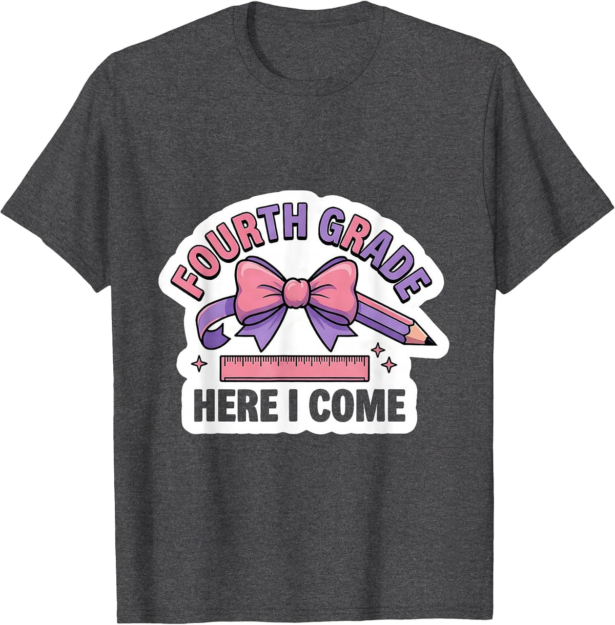 Fourth Grade Here I Come Coquette Bow Back to School Girls T-Shirt - Dark Heather Grey