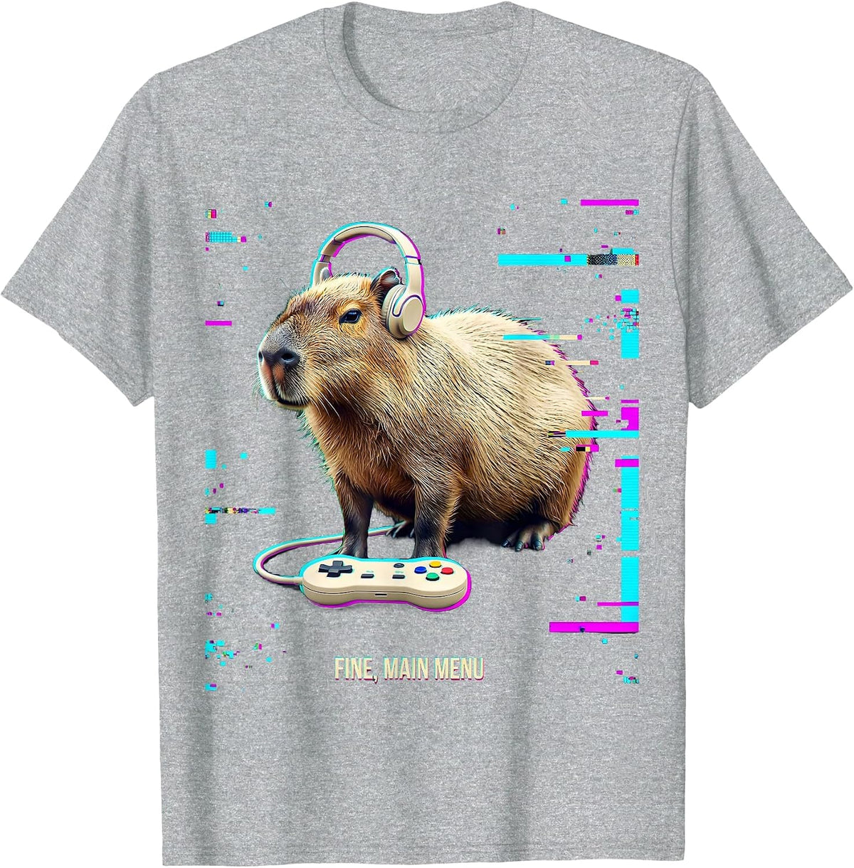 Men's Fine, Main Menu Glitch Datamosh Capybara Gamer Bruh Meme T-Shirt - Heather Grey