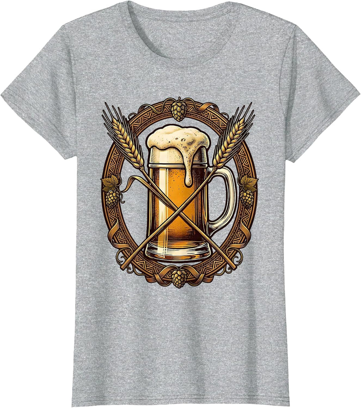 Women's Vintage Oktoberfest Beer Label Ornate Border Design T-Shirt - Heather Grey