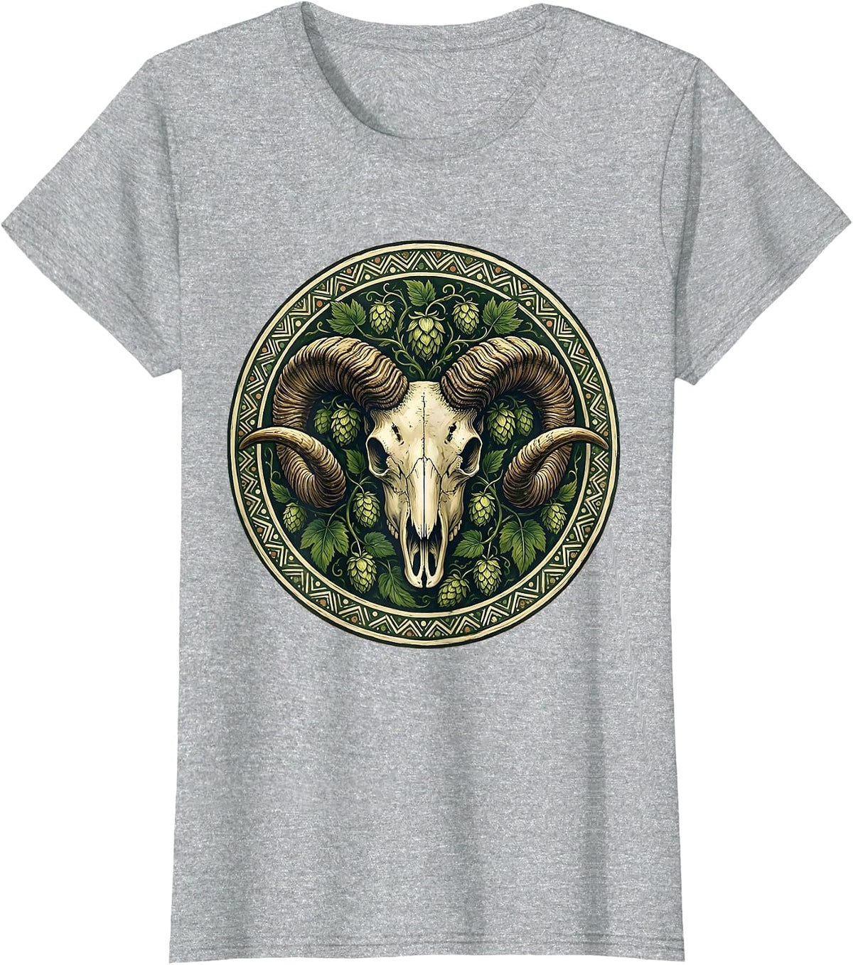 Ram Skull Hop Vines Beer Craft Brew Art T-Shirt - Heather Grey