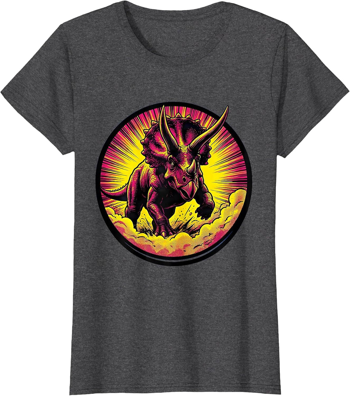 Women's Triceratops Charging Dinosaur Dust Cloud Illustration T-Shirt - Dark Heather Grey