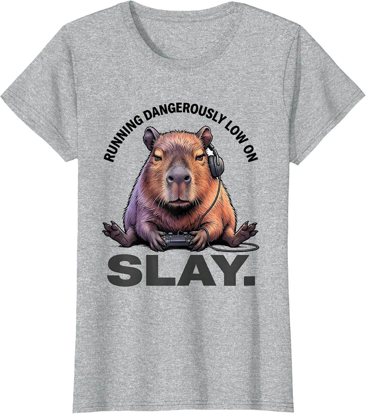 running dangerously low on slay Funny Capybara Gamer Meme T-Shirt - Heather Grey