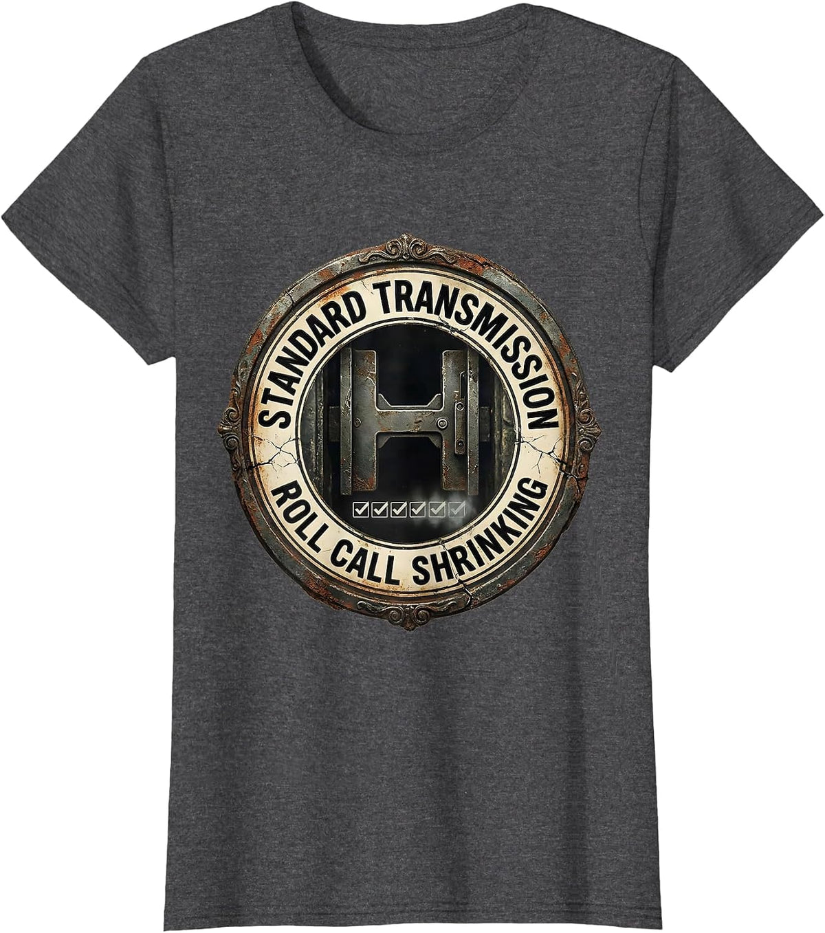 Women's Standard Transmission: Roll Call Shrinking Vintage Car Guy T-Shirt - Dark Heather Grey