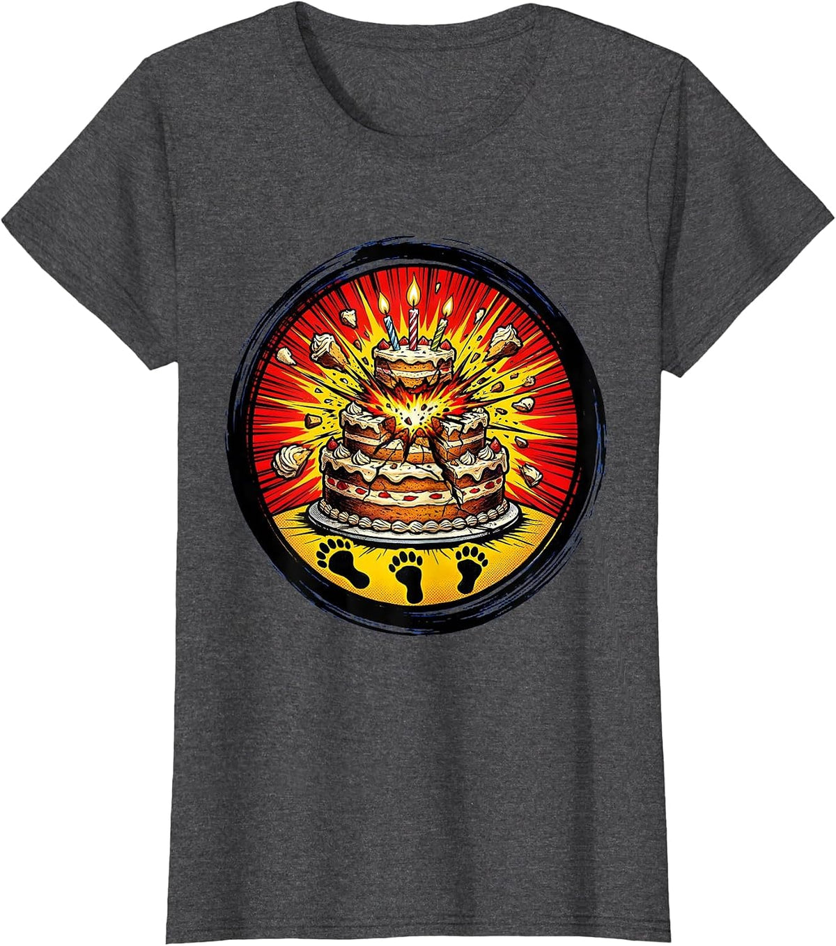 Women's Dinosaur Birthday Cake Smash Funny Dino Footprints T-Shirt - Dark Heather Grey