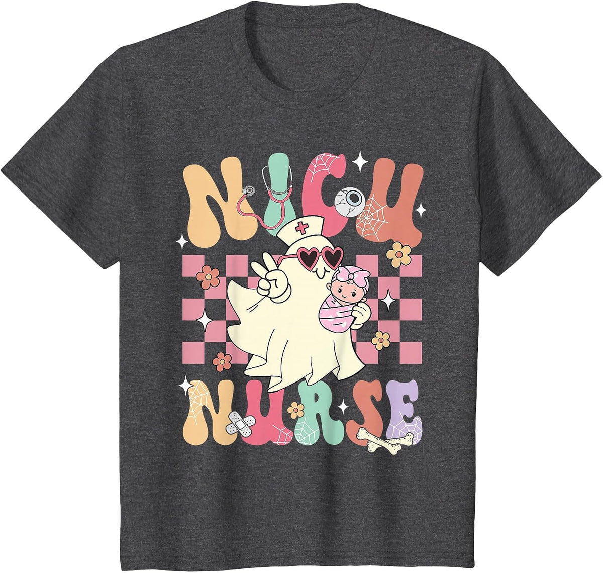 NICU Nurse Spooky Ghost Halloween Cute Nursing Costume T-Shirt - Dark Heather Grey