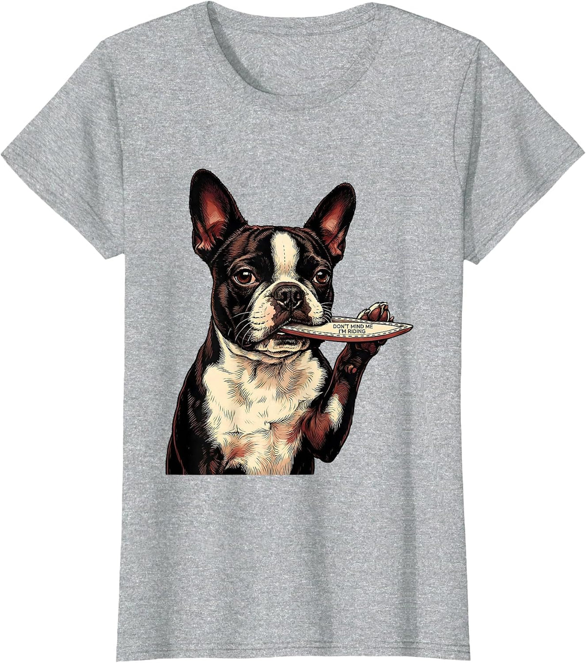 Don't Mind Me, I'm Riding Boston Terrier Puppy Pocket T-Shirt - Heather Grey