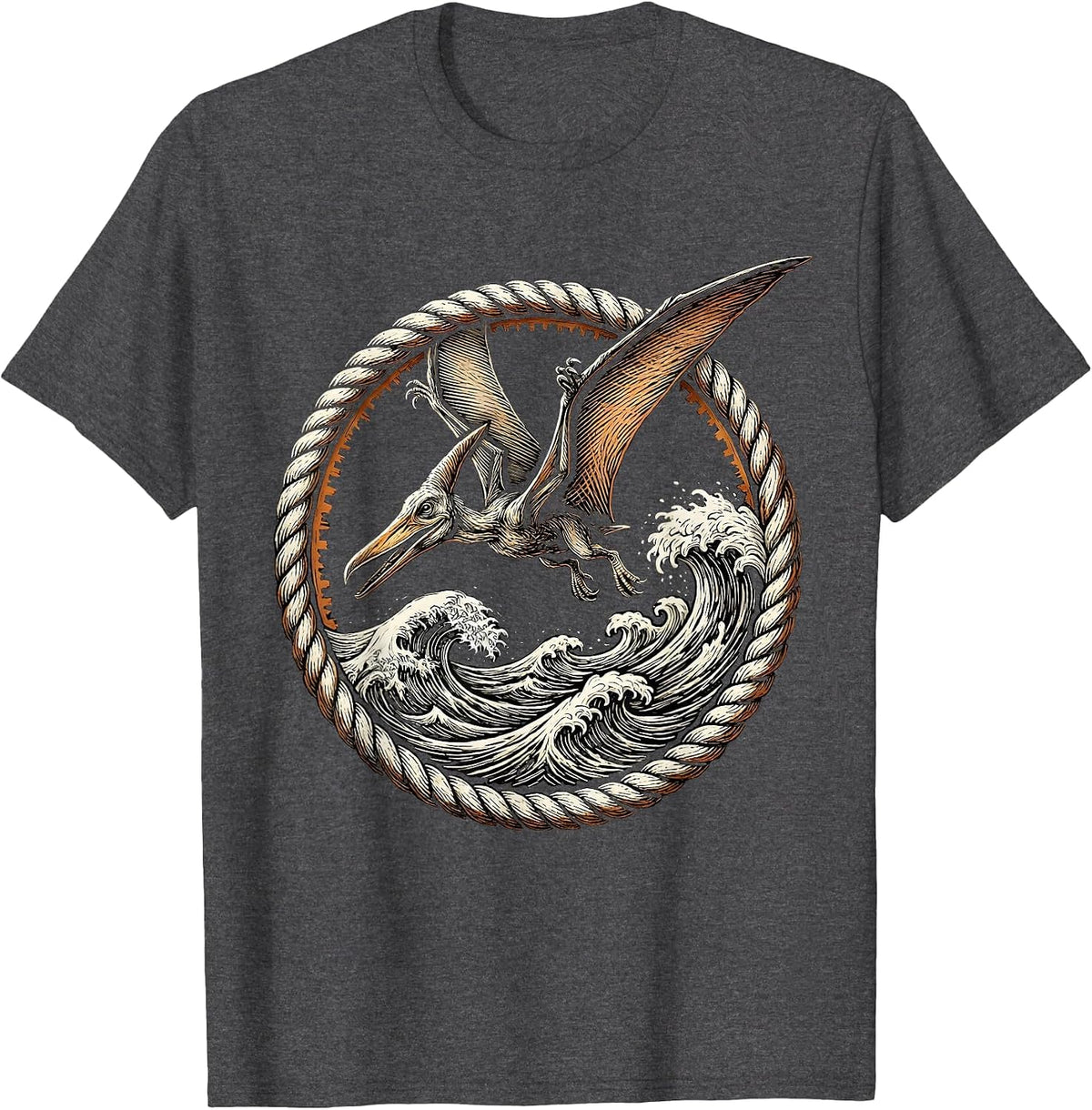 Pterodactyl Diving Over Ocean Waves Dinosaur T-Shirt - Dark Heather Grey