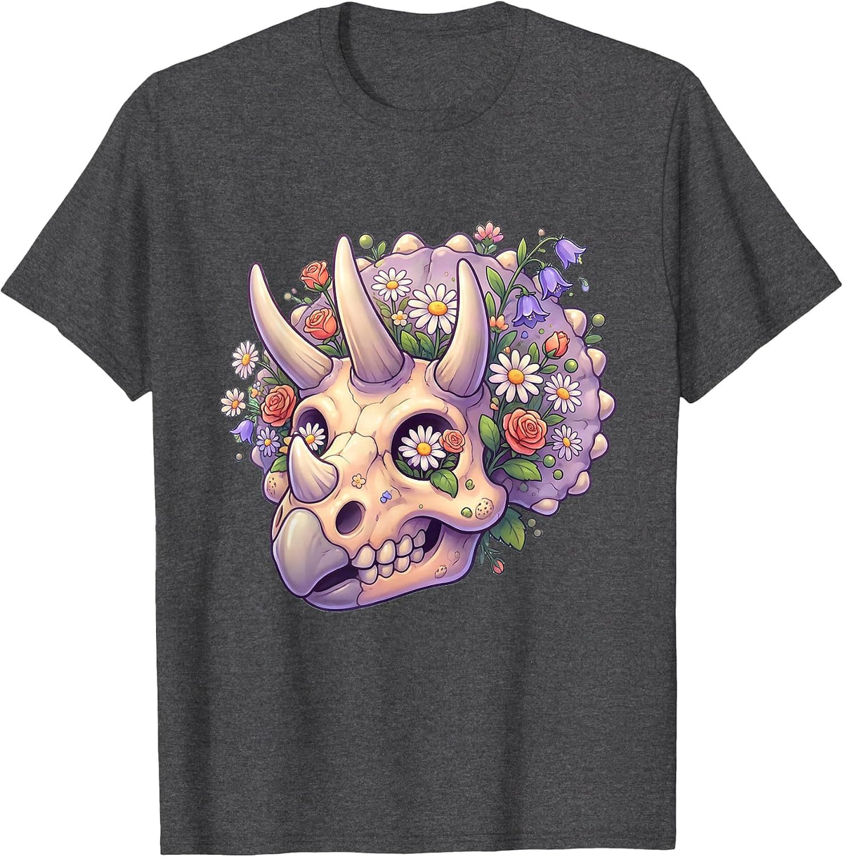 Triceratops Skull Wildflower Botanical Dinosaur T-Shirt - Dark Heather Grey