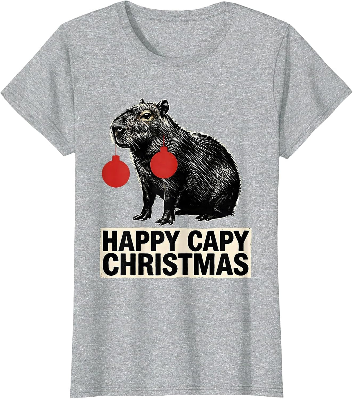 Happy Capy Christmas Linocut Funny Capybara Animal Lover T-Shirt - Heather Grey