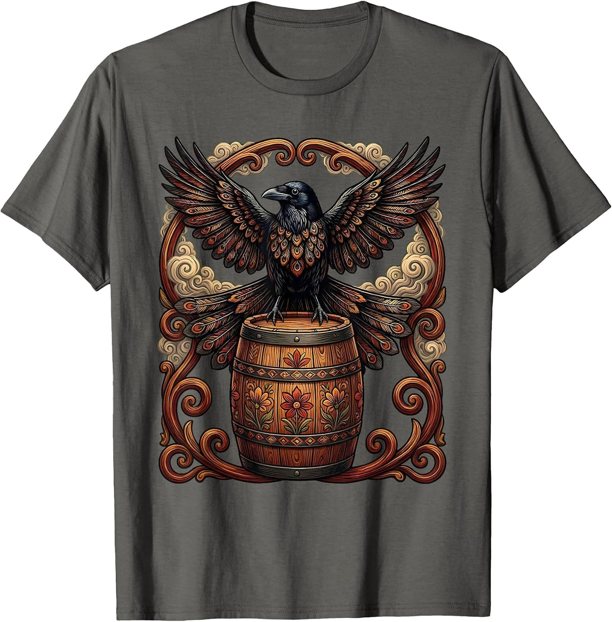 Crow on a Keg Foggy Night Beer Art T-Shirt - Asphalt Grey