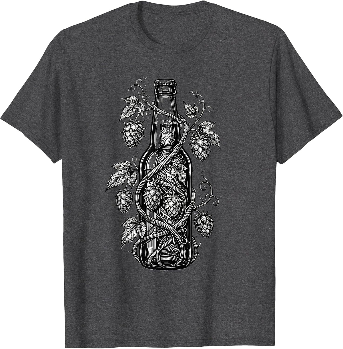 Men's Hop Vine Wrapped Beer Bottle Illustration T-Shirt - Dark Heather Grey
