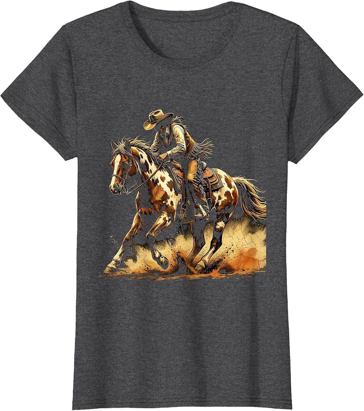 Women's Cowgirl Barrel Racing Painted Horse Illustration T-Shirt - Dark Heather Grey
