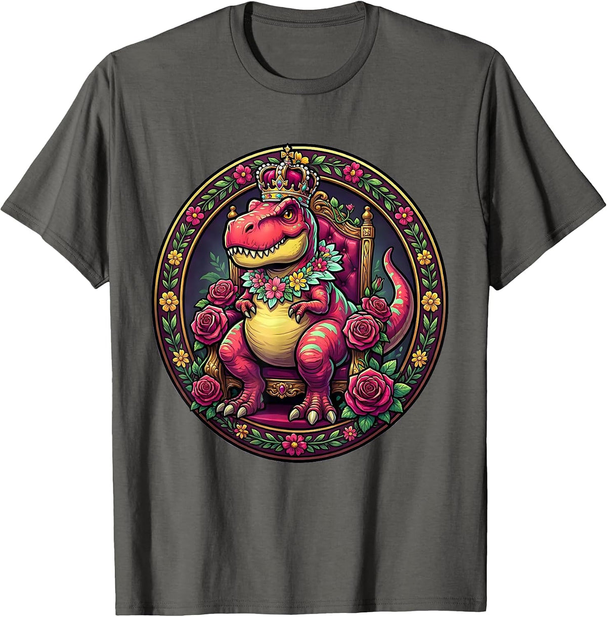 Dinosaur Queen Floral Throne Graphic T-Shirt - Asphalt Grey