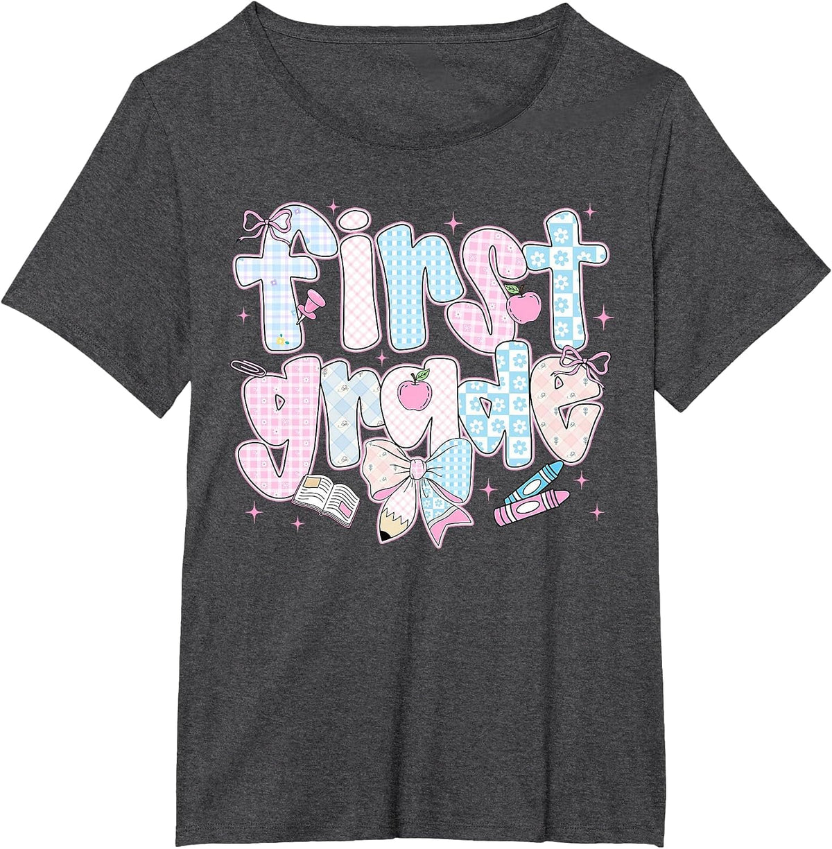 Back to School First Grade Coquette Pencil Bow First Day T-Shirt - Dark Heather Grey