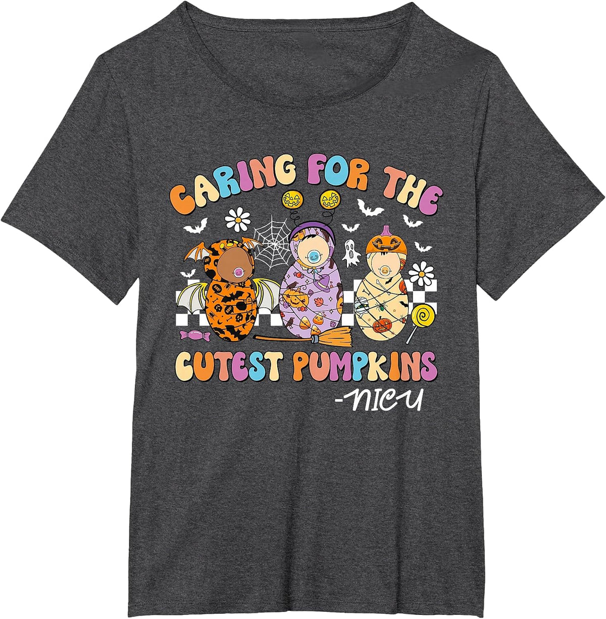 Retro Caring for The Cutest Pumpkins NiCU Nurse Halloween T-Shirt - Dark Heather Grey