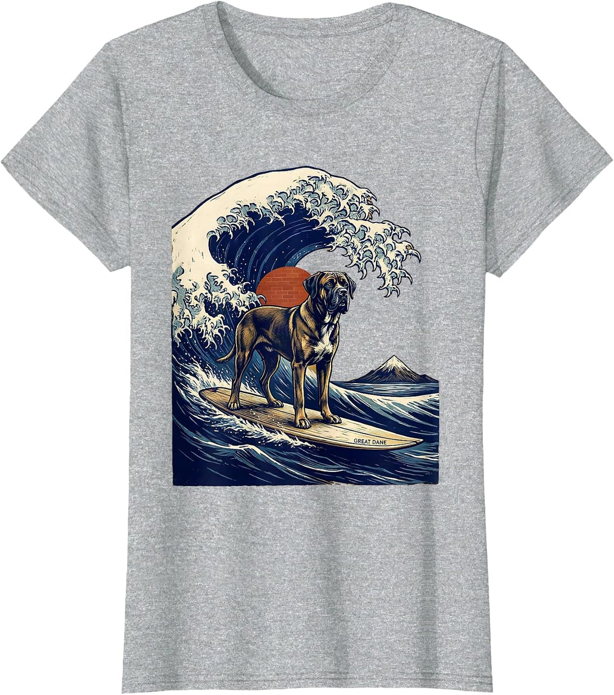 Great Dane Linocut Funny Surf Dog Breed Owner Gift T-Shirt - Heather Grey