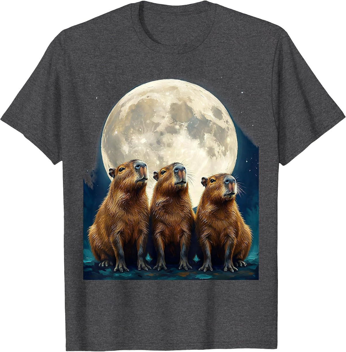 Men's Three Capybara Moon Gouache Poster Novelty Animal Lover T-Shirt - Dark Heather Grey